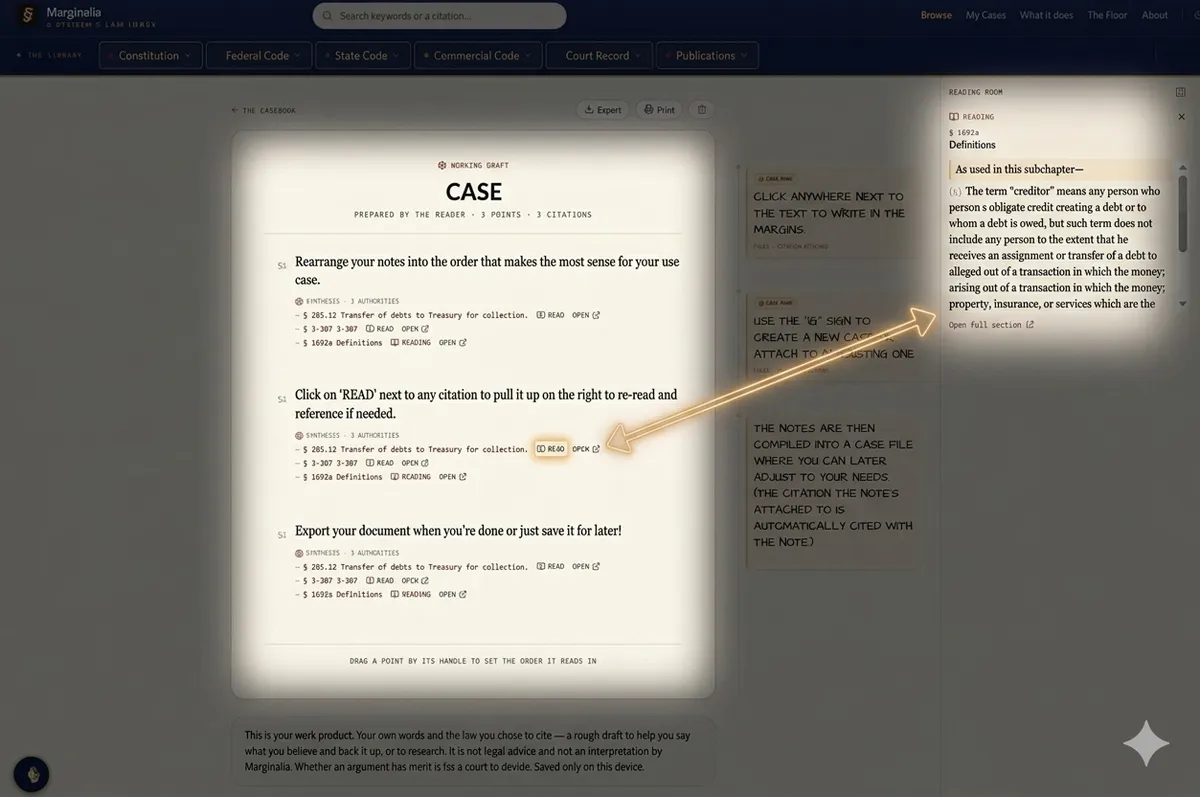 The My Cases page assembling margin notes into a document