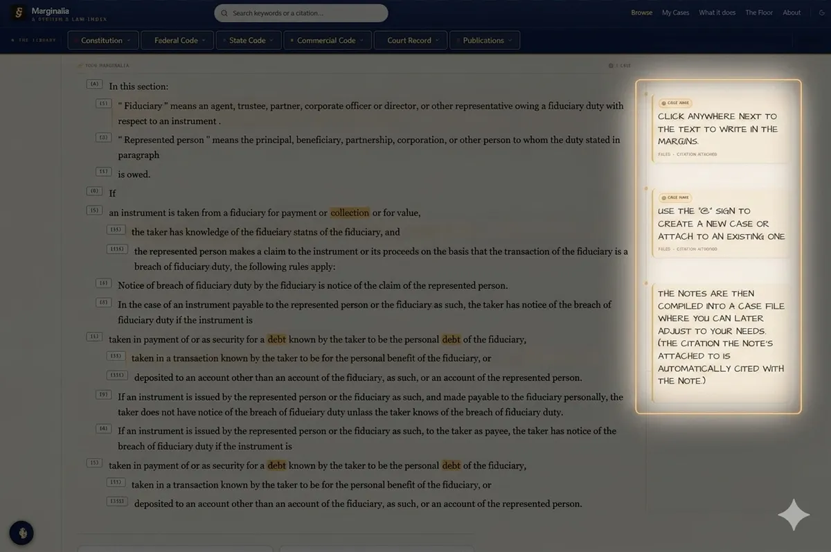 A law section open for reading with the margin-note panel spotlighted