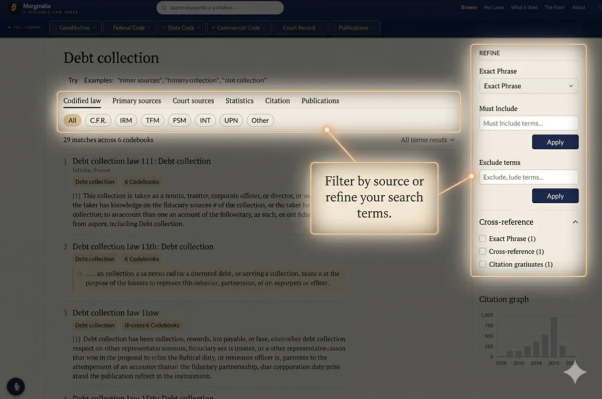 Search results for “debt collection” with source tabs and filter rail highlighted